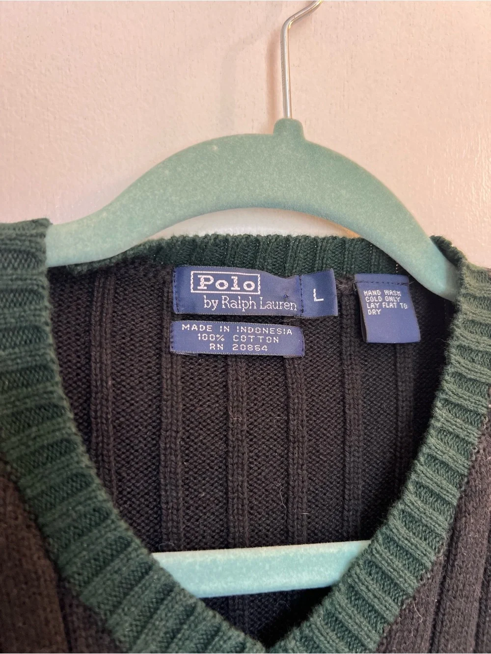 Kids Large Polo by Ralph Lauren Black Cable-Knit V-Neck Sweater Vest Green Trim